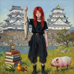 tall emo girl artist holding a dried fish, at odawara castle, books, small portraits, gourds, berries, pigs, acrylic on canvas, surrealist, by magritte and monet