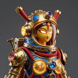 awardwinning portrait photo of a steampunk god durga, wearing a glowing golden and blue metallic steampunk astronaut helmet with red tubes and shiny metallic devices, 3 d render, crisp, 8 k, fluorescent colors, insanely integrate, nikon photography