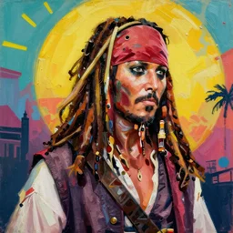 greg manchess portrait painting of george clooney dressed as captain jack sparrow, medium shot, asymmetrical, profile picture, red vest, organic painting, sunny day, vibrant, matte painting, bold shapes, hard edges, street art, trending on artstation, by huang guangjian and gil elvgren and sachin teng