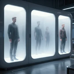 epic professional digital art of standing futuristic slim cryogenic chambers with frosted windows and outline of floating people inside, hamish frater, jim burns, wayne barlowe, unreal engine 6 maya render, octane, hd, 4 k