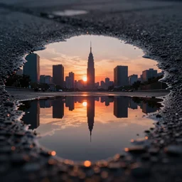 a close - up photo of a puddle of water on the ground reflecting a city at sunset, hyperrealistic, concept art, octane render, unreal engine 5, trending on artstation, high quality, highly detailed, 8 k, dramatic lighting, cinematic, path traced, macro photo, digital art, synthwave, beautiful composition, centered