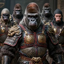 frightening gorillas warrior portrait, full traditional chinese armor, art by artgerm, wlop, loish, ilya kuvshinov, tony sandoval. 8 k realistic, hyperdetailed, beautiful lighting, detailed background, depth of field, symmetrical face