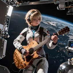 aloy from the horizon zero dawn videogame playing the guitar in the international space station