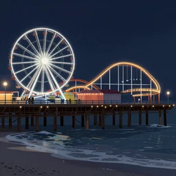Digital Matte Illustration of a beautiful dark Galveston Pleasure Pier night with ferris wheel, roller coaster and lighted swing, in the style of Alena Aenami
