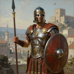 a painting of a hoplite with a spear and shield, a city in the background, ultra detailed, high fantasy, 4 k, trending on artstation, cinematic, concept design