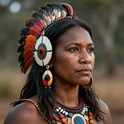 Pauline Hanson as an Australian Aboriginal, by Moebius and greg rutkowski, very coherent, cinematic, hyper realism, high detail, vivid colors, octane render, unreal engine, 8k, Smooth gradients, High contrast, depth of field by Jacek Yerka