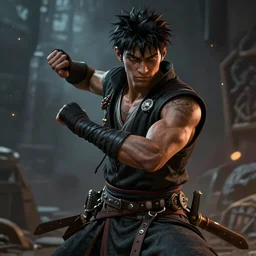 An epic fantasy comic book style portrait painting of a skinny dark skinned thief who\'s good at martial arts, unreal 5, DAZ, hyperrealistic, octane render, cosplay, RPG portrait, dynamic lighting