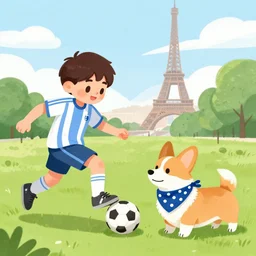 illustration of french boy in paris playing football against a corgi who is wearing a polka dot scarf