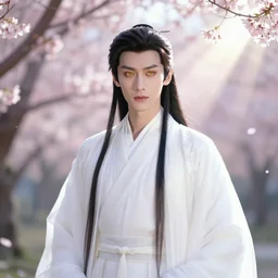 a portrait of a young beautiful prince, golden eyes, long black hair, white hanfu, elegant, intricate, backlit, incredible lighting, strong rim light, subsurface scattering, photorealistic, epic beautiful landscape, cherry trees, highly detailed, god rays, digital painting, by Heise Jinyao, Heise-Lian Yan Fang, Feimo, Rossdraws, HDRI, vivid colors, high contrast, 8k