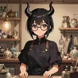 portrait, a beautiful demoness shopkeeper in her curio store, dramatic lighting, cute geeky appearence, dark horns, donato giancola, jc leyendecker, artgerm, smooth, intricate, highly detailed, golden hour, splash art, high fantasy