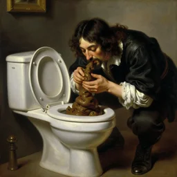 Ferdinand Magellan eating poop out of the toilet, oil on canvas, by Juan Luna, dramatic