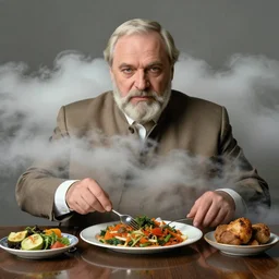 lukashenko cooks vegetarian dinner, in clouds, portrait by greg hildebrandt, studio lighting, muted colors, by terry richardson, by frank frazetta, extreme detail, reflections, trending on artstation, 8 k