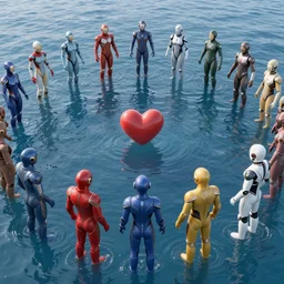 love, diverse floating cybersuits, from behind, in water, connection rituals, wide wide angle, vivid, elaborate, highly detailed, beautiful lighting