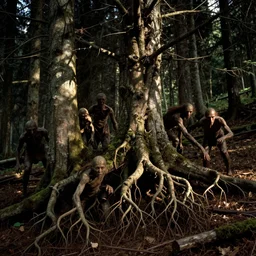 1920s photography of occult humanlike root creatures creeping and lurking in dark forest in the dolomites