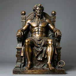 full body bronze sculpture of hades, the king of hell, neo - classical style, very detailed, sitting on a throne, sharp facial features, professional photography, imposing and dominating