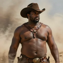 a beautiful dramatic epic painting of a thicc black man | he is shirtless and wearing a cowboy hat and leather harness | background is a dust cloud | homoerotic, highly detailed, dramatic lighting | by Mark Maggiori, by William Herbert Dunton, by Charles Marion Russell | trending on artstation