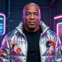 detailed portrait Mike Tyson Neon Operator, cyberpunk futuristic neon, reflective puffy coat, decorated with traditional Japanese ornaments by Ismail inceoglu dragan bibin hans thoma  detailed portrait Neon Operator Girl, cyberpunk futuristic neon, reflective puffy coat, decorated with traditional Japanese ornaments by Ismail inceoglu dragan bibin hans thoma greg rutkowski Alexandros Pyromallis Nekro Rene Maritte Illustrated, Perfect face, fine details, realistic shaded, fine-face, pretty face