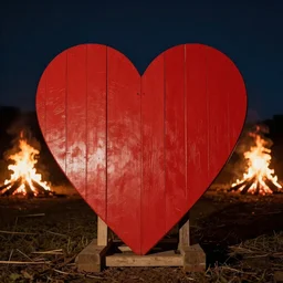 a large red wooden low Polly heart art price in a feikd on fire at night