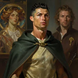 Portrait of Cristiano Ronaldo , cloak, male, fantasy, extremely detailed, digital painting, artstation, concept art, smooth, sharp focus, illustration, stunning lighting, art by artgerm and greg rutkowski and alphonse mucha and simon stalenhag, realistic character concept, high fantasy, dark atmosphere, golden ratio, cinematic lighting, hyperdetailed, high resolution, insanely detailed and intricate, artstation, Marc Simonetti, Greg Rutkowski, 8k
