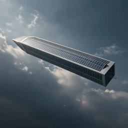 skyscraper flying horizontally in the sky