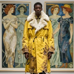 black man wearing a dirty tattered yellow trench coat with white fur lapels and a hook for a hand by iris van herpen, alphonse mucha, zdzisław beksinski, raymond swanland, alphonse mucha. highly detailed!, hyper - real, beautiful!