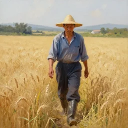 cat farmer, walking in the wheat field, nature landscape on the background, sharp deep, oil art