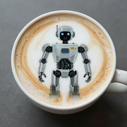“autobot latte foam art, high end photography”