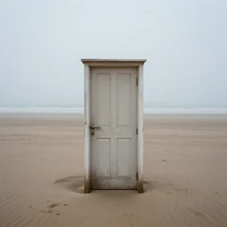 A door on an empty foggy beach by Finnian MacManus, photography, 4k