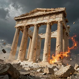 pieces of greek archidecture, ruins and pillars suspended in air, falling from sky, with debris and destruction falling from sky, mid air, debris flying around, swirls of fire