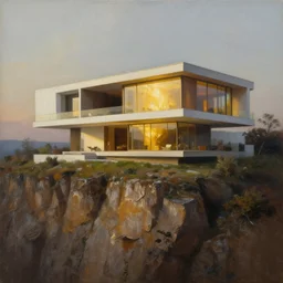 beautiful oil matte portrait painting, modern house on top of a cliff designed by zaha hadid, wonderful masterpiece, highly detailed, beautiful cinematic light, deep focus, elegant, digital painting, smooth, sharp focus, golden ratio, dramatic illumination, ultra realistic, 8 k, art by artemisia lomi gentileschi and caravaggio