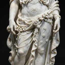 a complex and baroque slbust of jazzybit rouvier in white marble full of intrincate and ornamental details, dramatic lighting, 4k, black background, 90mm, sharp focus.