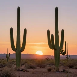 Arizona desert sunset, Sonora desert, matte painting, tall saguaro cactuses, Makoto Shinkai, breath of the wild, Nausicaa Ghibli, sun in background