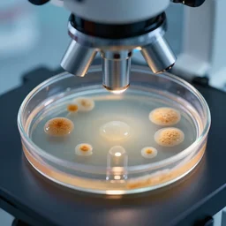close up photo of petri dish with a fungal cultures under the microscope, smooth, sharp focus, unreal engine 5, bokeh, hyperrealism, vray