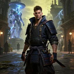 Character Profile Street Portrait Samurai Shadowrun Cyberpunk2077 Unreal Engine Render In the style of Winslow Homer Norman Rockwell Ilya Repin, Vereshchagin, Canaletto, Grimshaw, Keith Thompson, Dragan Bibin; Exterior Foreign Country, Interdimensional Shopkeepers, Lightning Cyber Cyborg, Robo-Lightning gallery ; Neo-Renaissance