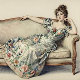 Louis Icart, an old elaborate colored drawing of a woman laying eloquently on a sofa, wearing flowing dress with floral motifs, by Louis Icart, highly detailed, masterpiece