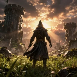 wizard in the dark dungeon, cinematic view, epic sky, detailed, concept art, low angle, high detail, warm lighting, volumetric, godrays, vivid, beautiful, trending on artstation, by jordan grimmer, huge scene, grass, art greg rutkowski
