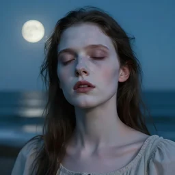 realistic, dynamic perspective pose, skin tinted a very pale tone, closed eyes, detailed facial features, folk horror, ocean background, full moon