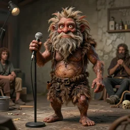 caveman doing standup comedy in real life, intricate, highly detailed, detailed, hyper realistic, 4 k, 8 k uhd, realistic, great detail