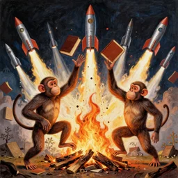 [two anthropomorphic monkeys throwing books in a bonfire, behind them rockets are taking off. Matte painting, intricate, art by Gennady Mikhailovich Zykov]