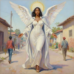 yolandi visser in the style of martine johanna and donato giancola, wearing a hoodie, standing in township street, madonna surrounded by angels,!! haute couture!!, full figure painting by john berkey, david choe, ismail inceoglu, pastel color palette, detailed impasto, 2 4 mm lens