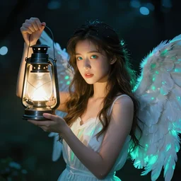 dreamy portrait of a beautiful angel holding up an illuminated lantern, wings of feathers on her back, soft neon and teal glowy lighting, photorealistic portrait, bokeh background, night lights, sharp focus, smooth facial tones, blue emerald eyes, volumetric lighting, 8 5 mm photography, award - winning photography, trending on artstation, hyperrealism