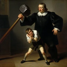 a dramatic oil painting of a tiny man trembling with fear in the shadow of a massive judge hammer above him, art by franz xaver winterhalter, highly detailed, dramatic lighting, romanticism, rococo, neoclassicism, 1 8 5 0 s style painting, oil on canvas, vivid