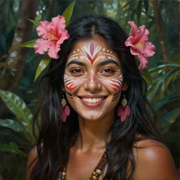 a beautiful painting portrait of a beautiful smiling woman in the jungle surrounded by pink flowers, tribal face paintings, matte painting, fantasy art, ayahuasca