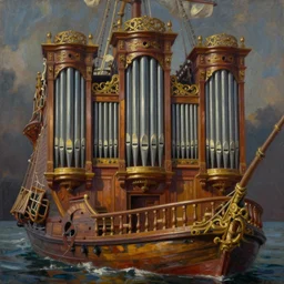 oil painting of a pipe organ pirate ship