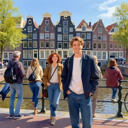 tourists in amsterdam, sunny afternoon, bright, happy painted by leonid afremov