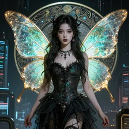 beautiful gothic fairy girl with firefly wings in a cyberpunk city in the style of alphonse mucha