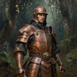a detailed, beautiful oil painting of a warrior wearing intricate, etched copper armor in an ancient forest, by michael whelan
