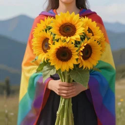 digital painting of a person in a rainbow cape holding a bouquet of sunflowers, background with mountains, highly detailed, hd, 4 k