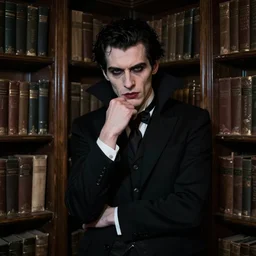 night portrait of a neurotic british man vampire feeling confidant in a grungy library f / 1. 4 hdr