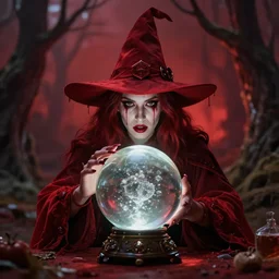 red witch with crystal ball